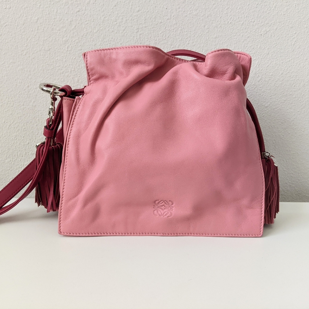 Loewe Pink Leather Drawstring Bucket Crossbody with Tassel Strap